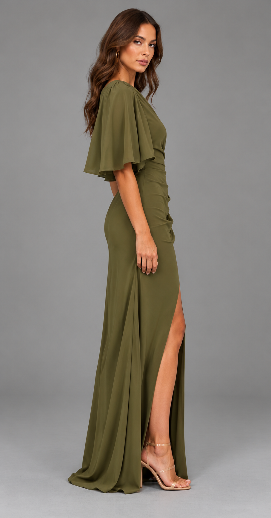 One Shoulder Flutter Sleeve Split Maxi Dress