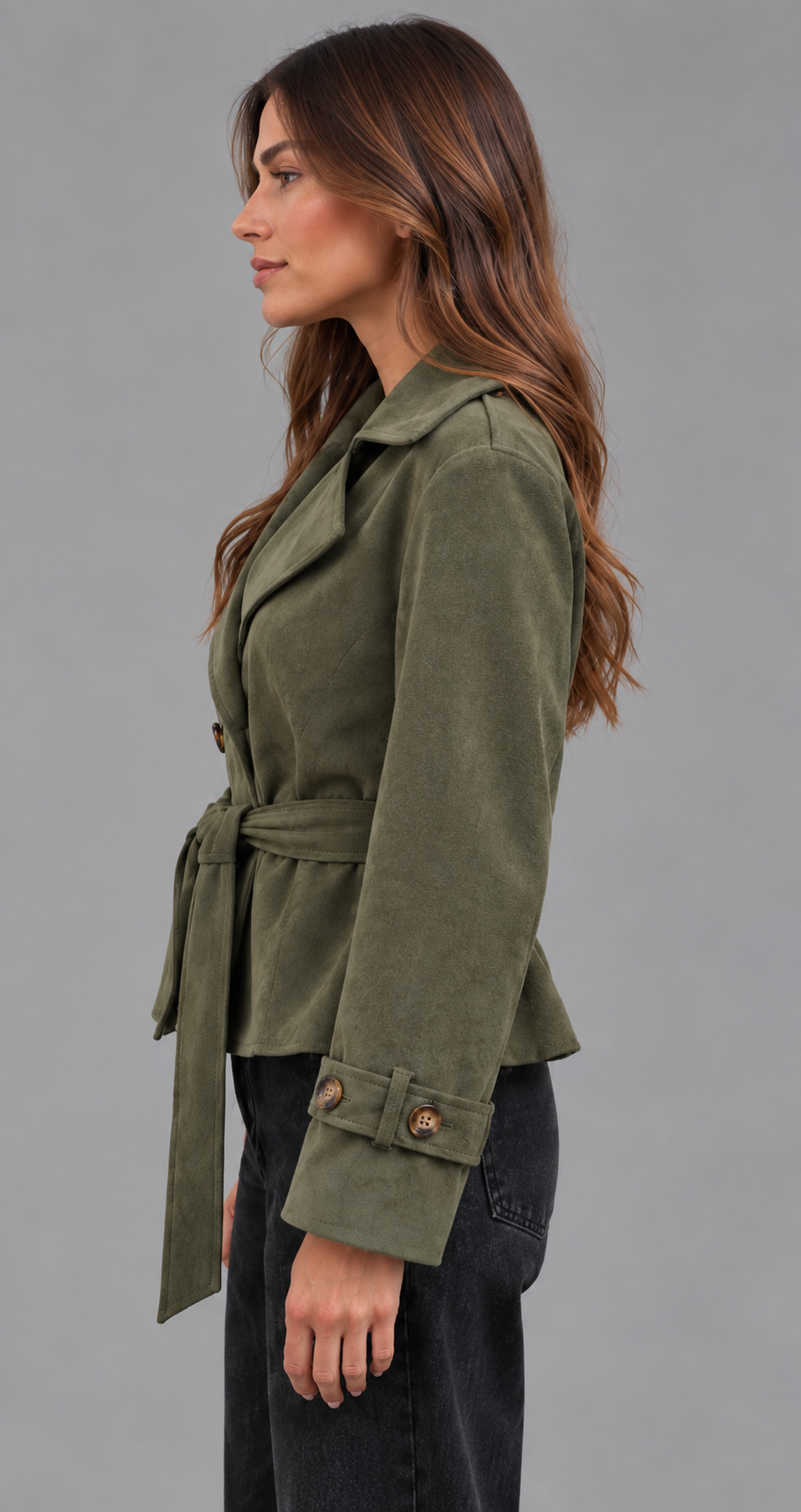 Khaki Suede Cropped Belted Trench Jacket