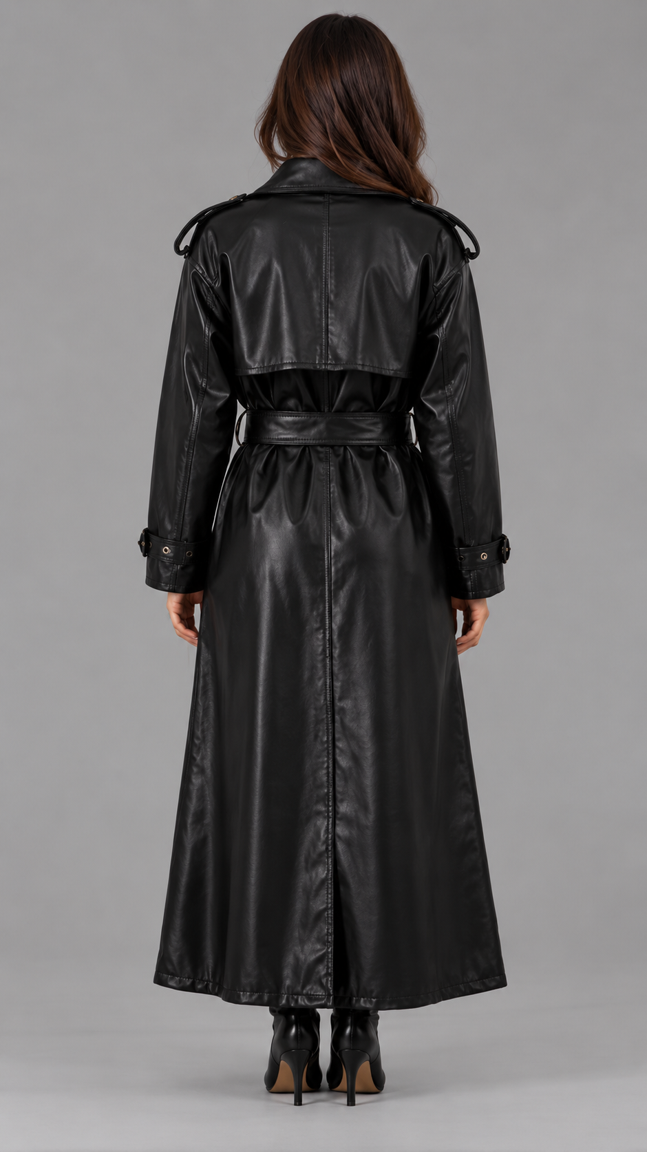 Black Faux Leather Belted Trench Coat