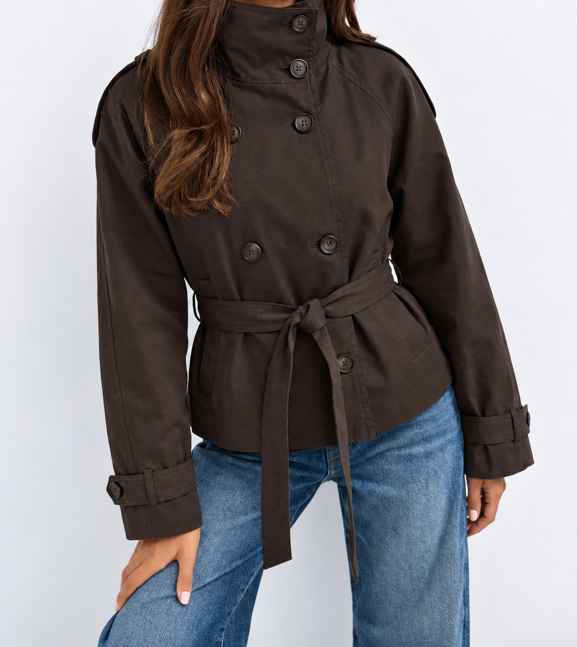 Brown Short Belted Trench Jacket