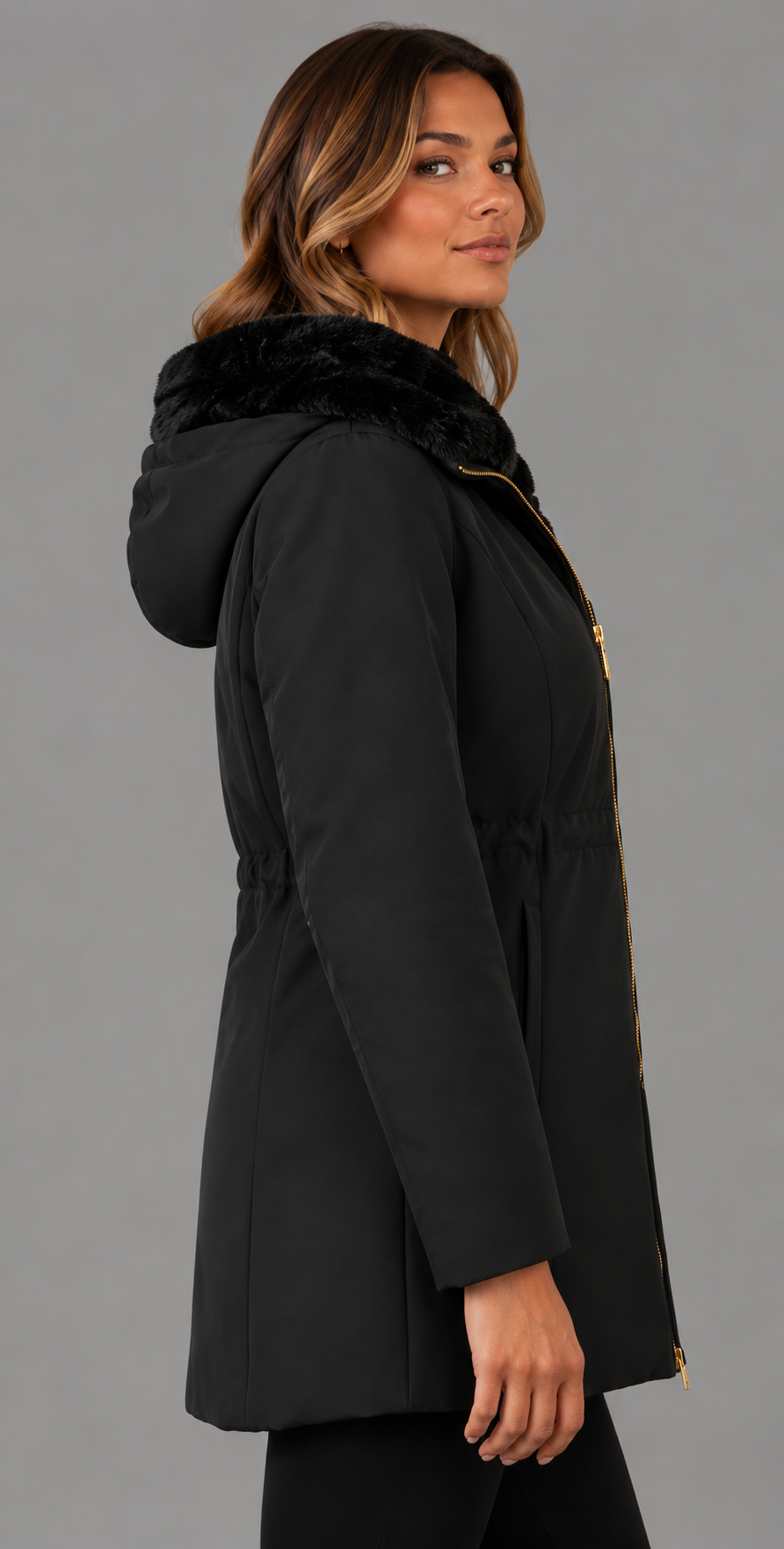 Faux Fur Collar Zip Up Coat