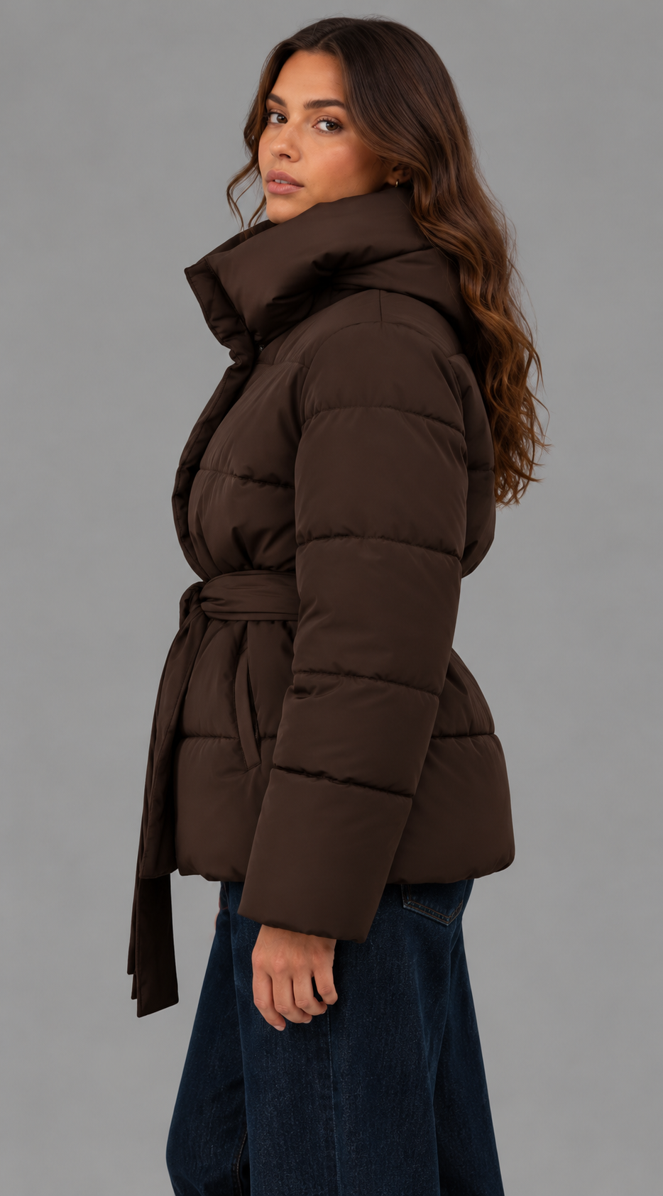Brown Belted Funnel Neck Puffer Jacket
