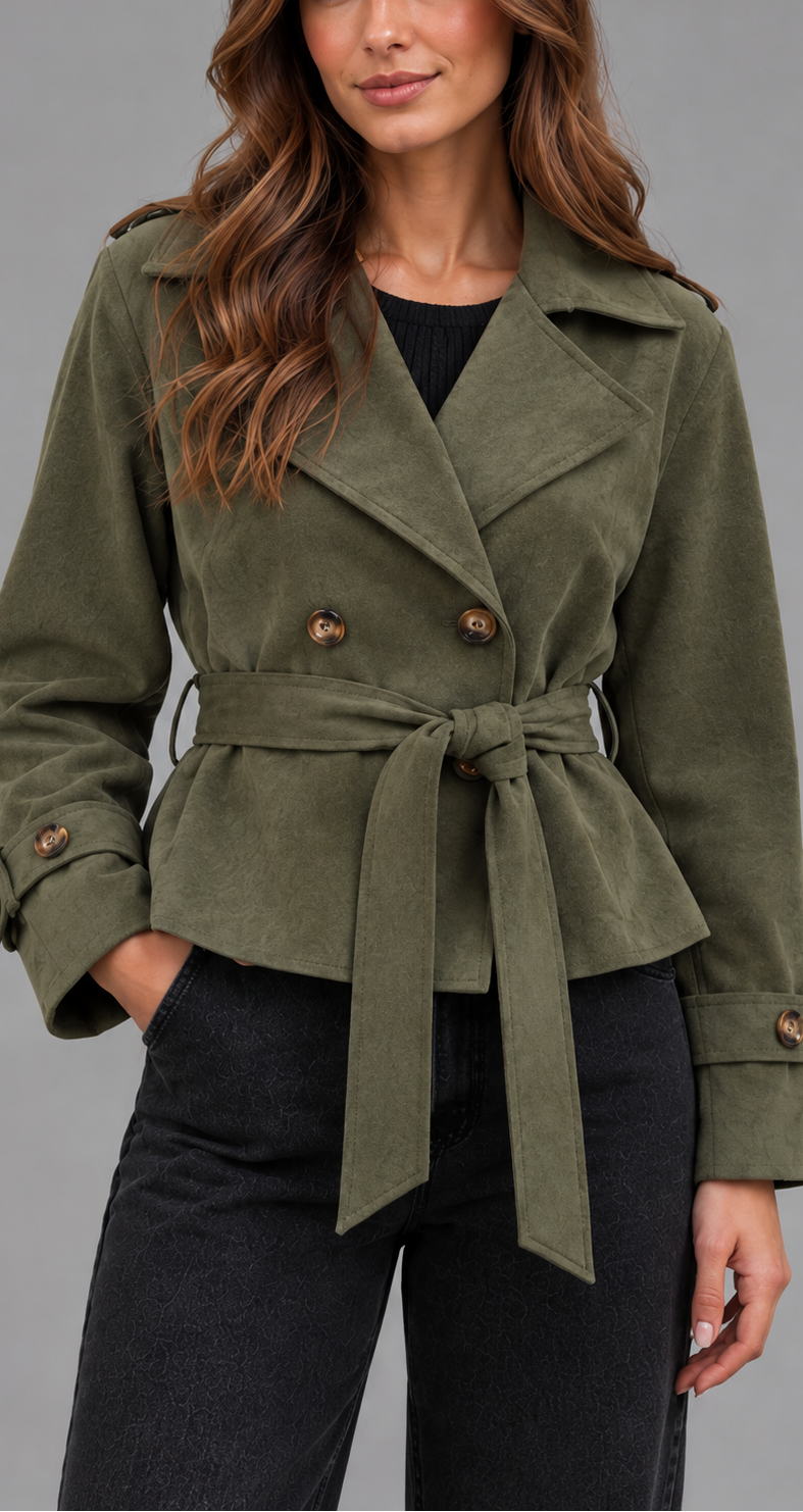 Khaki Suede Cropped Belted Trench Jacket
