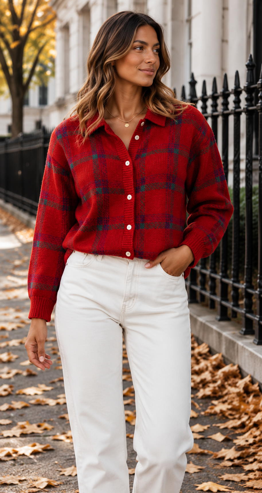 Checked Collared Knit Cardigan