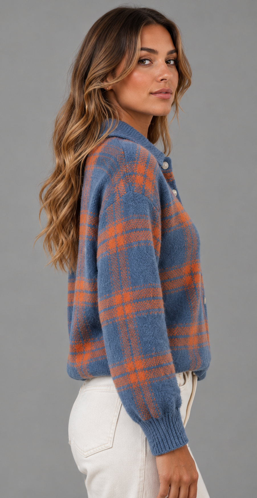 Checked Collared Knit Cardigan