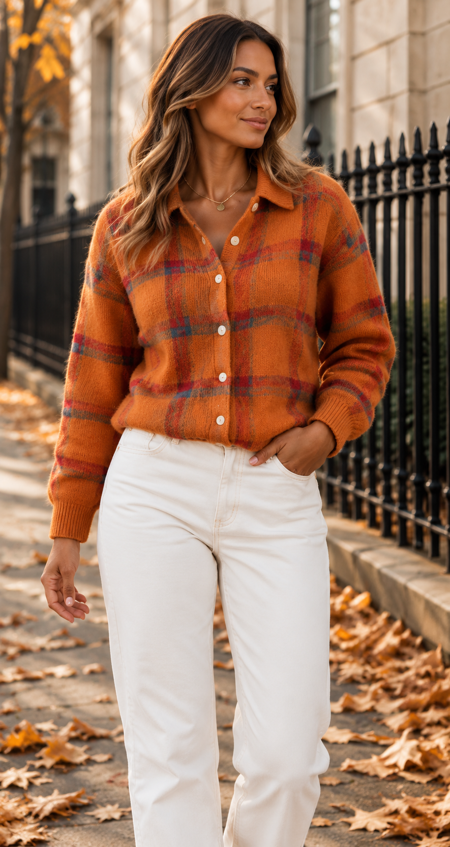 Checked Collared Knit Cardigan