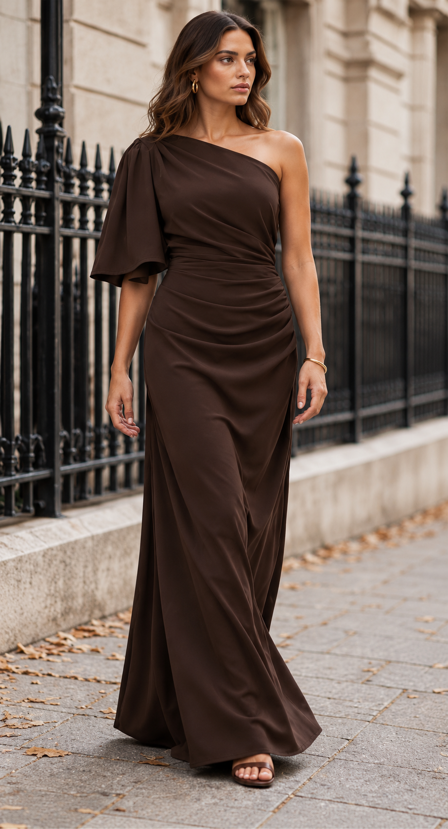 One Shoulder Draped Flutter Maxi Dress