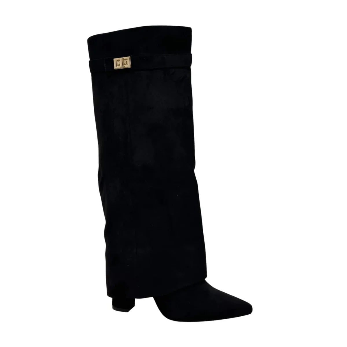 Black Suede Fold-Over Knee High Boots