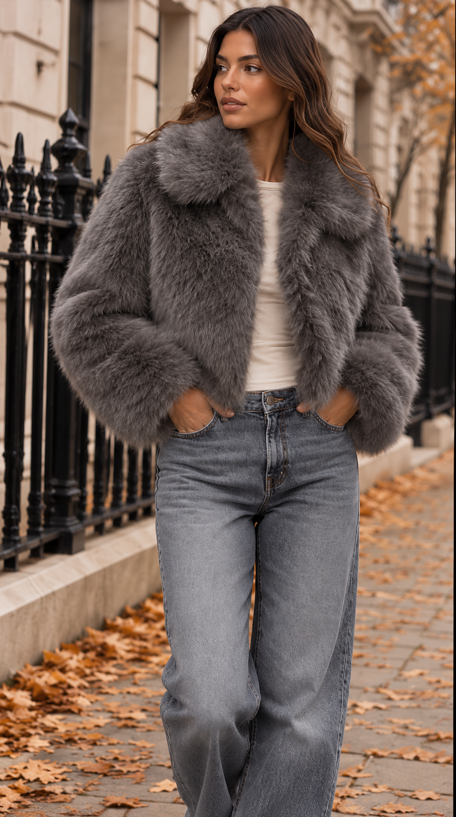Grey Cropped Faux Fur Jacket