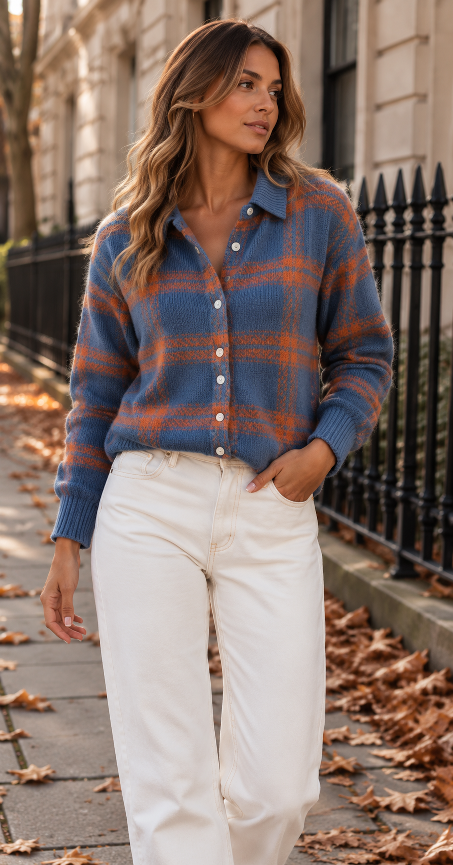 Checked Collared Knit Cardigan