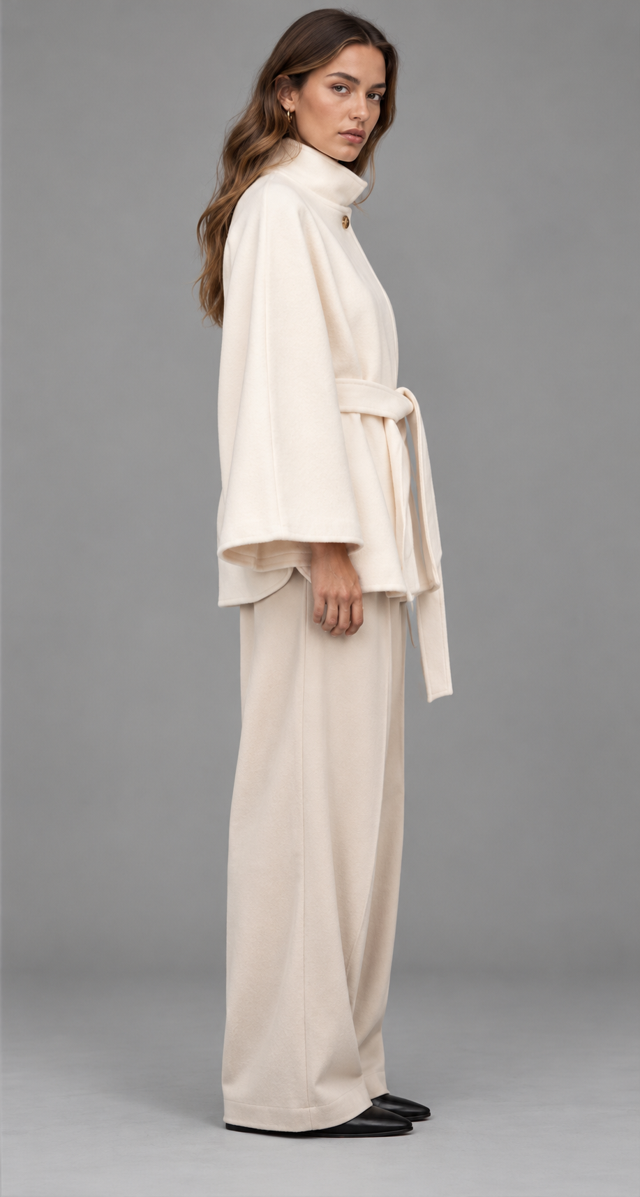 Cream Belted Wool Cape Coat