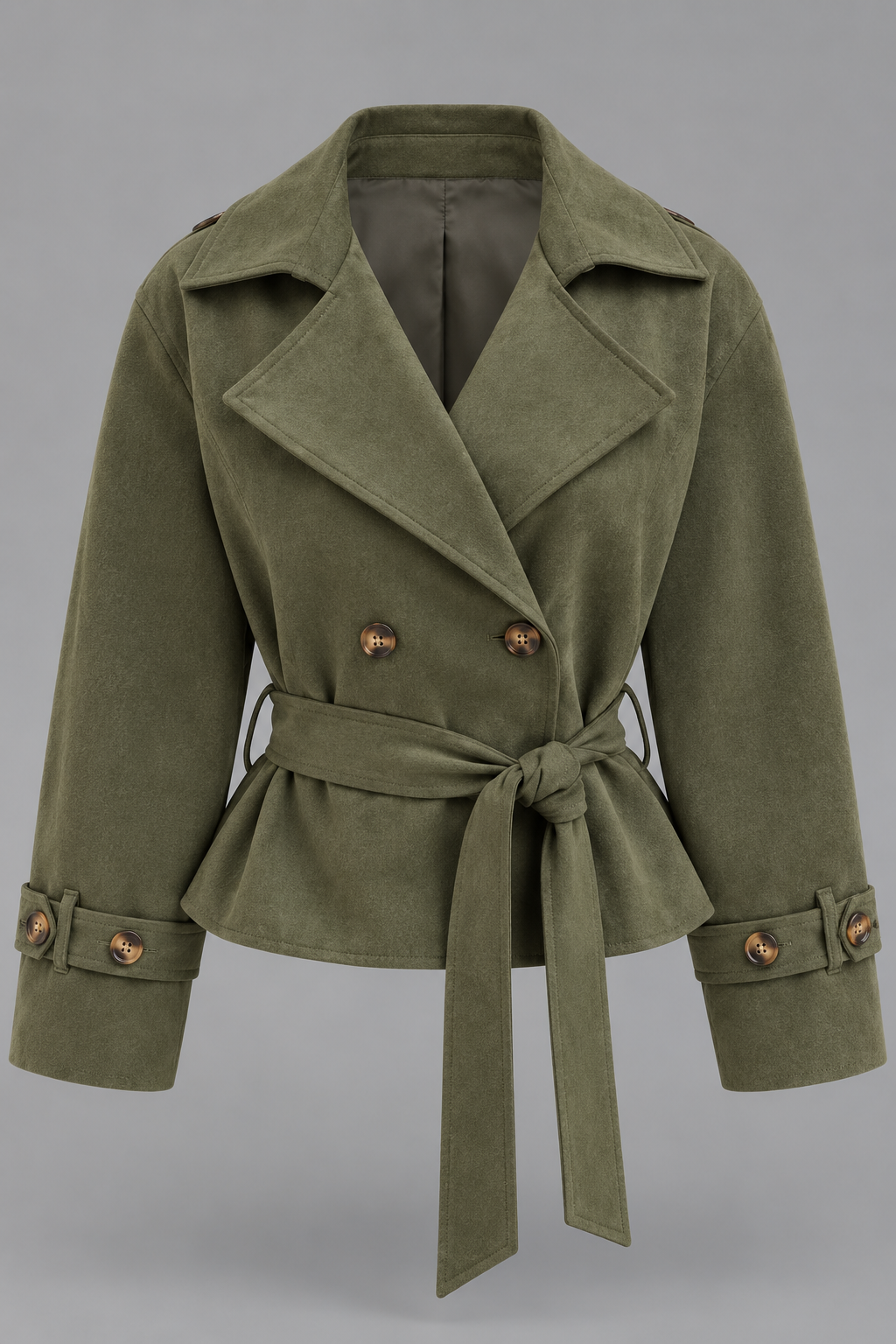Khaki Suede Cropped Belted Trench Jacket