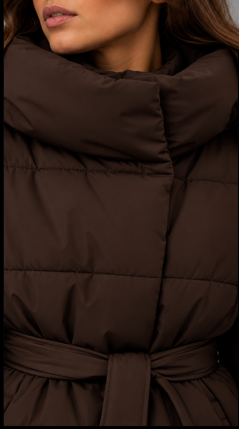 Brown Belted Funnel Neck Puffer Jacket