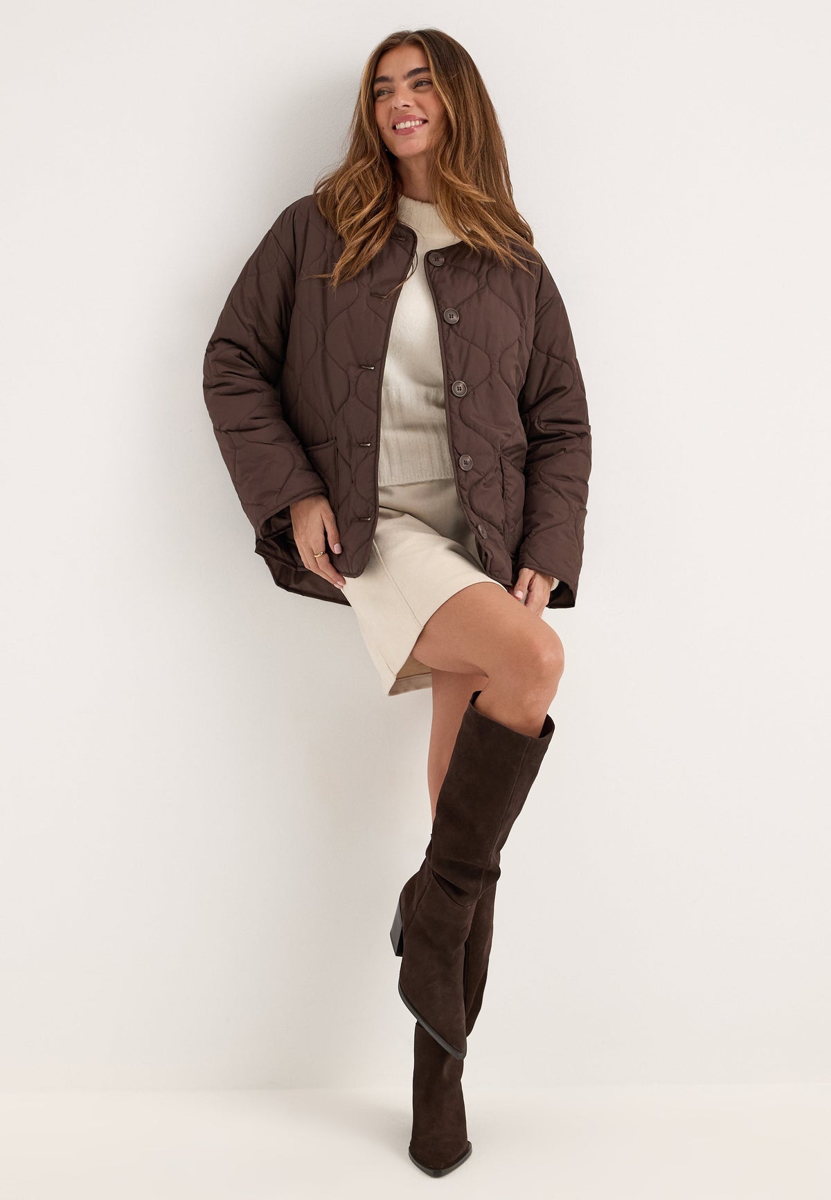 Brown Collarless Quilted Jacket