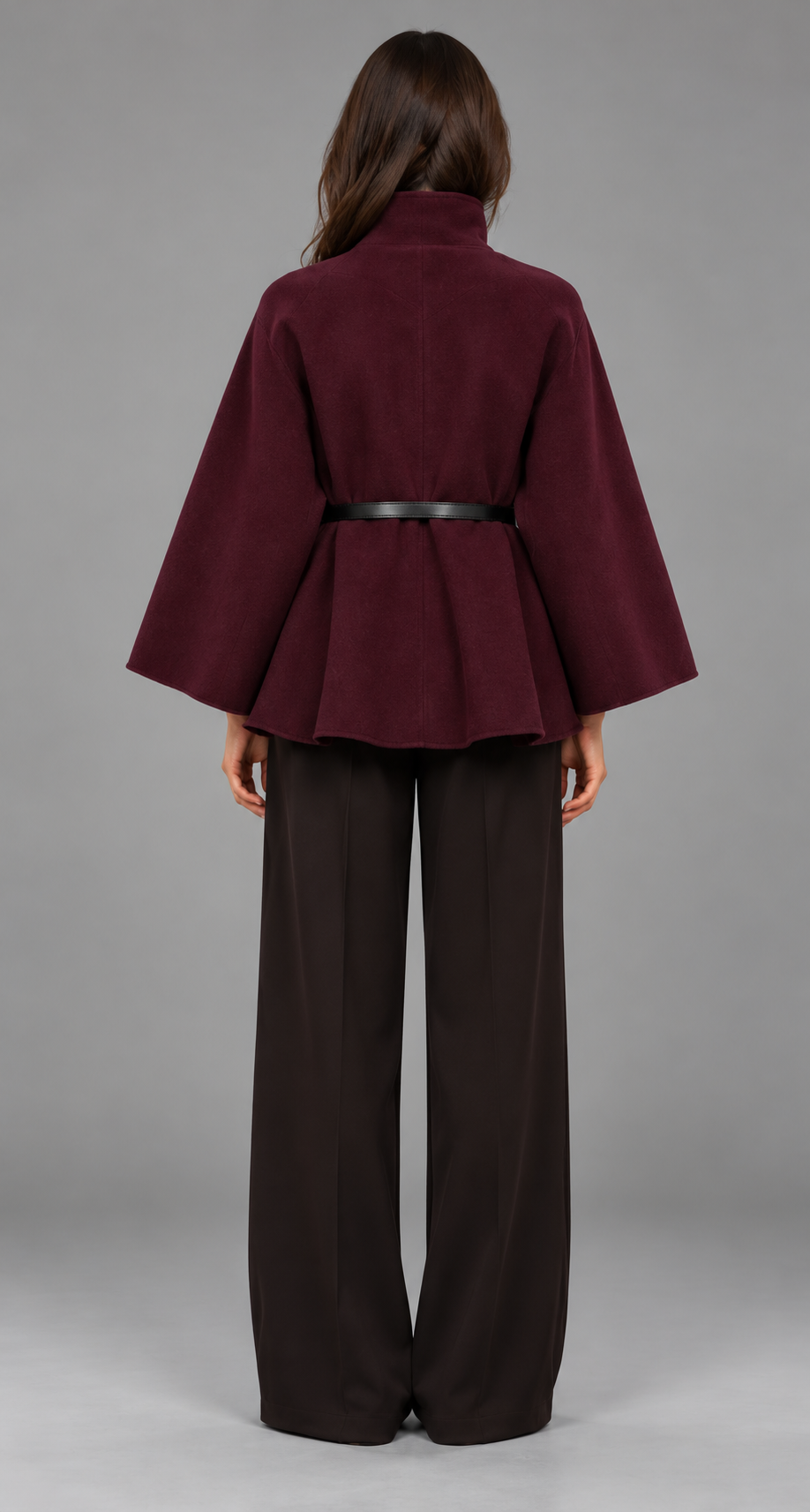 Burgundy Belted Wool Cape Coat