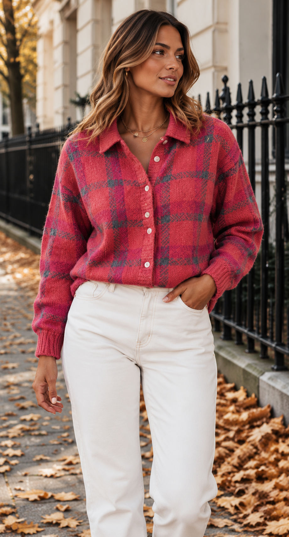 Checked Collared Knit Cardigan