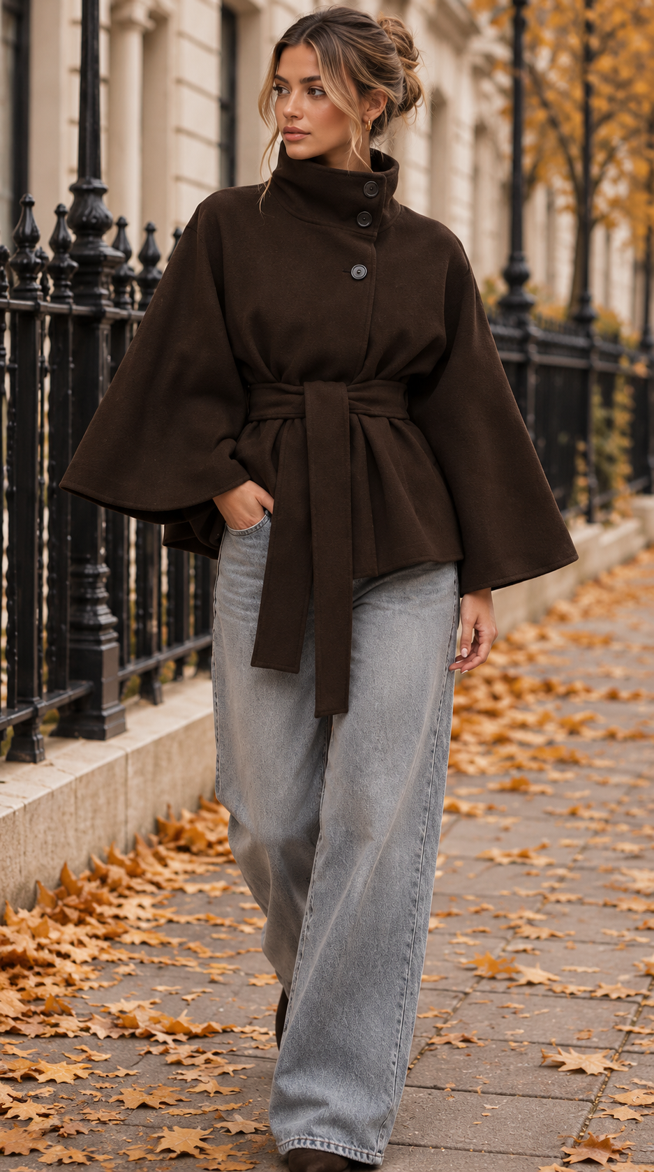 Brown Belted Wool Cape Coat