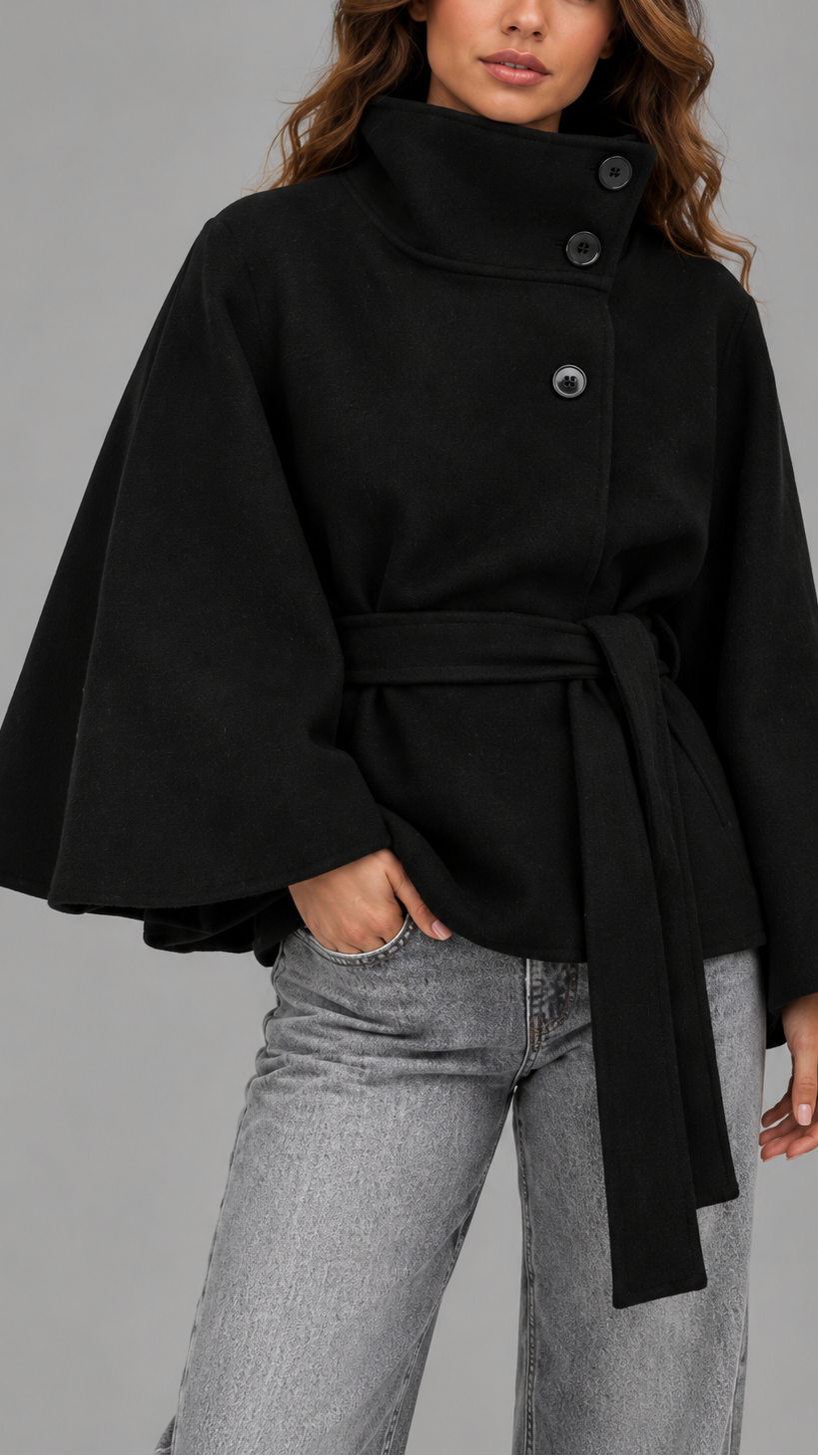 Black Belted Wool Cape Coat