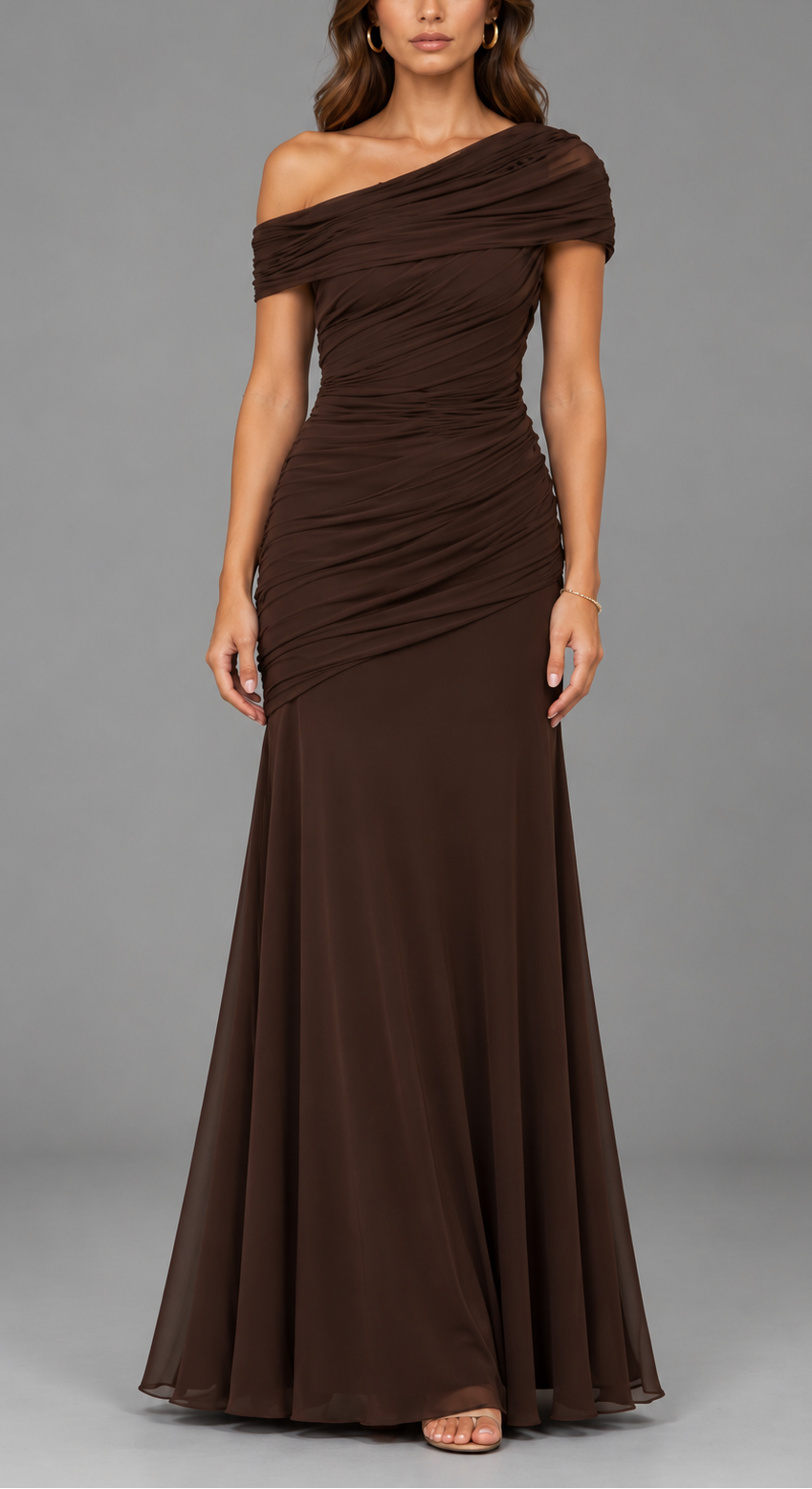 Off Shoulder Ruched Fishtail Maxi Dress