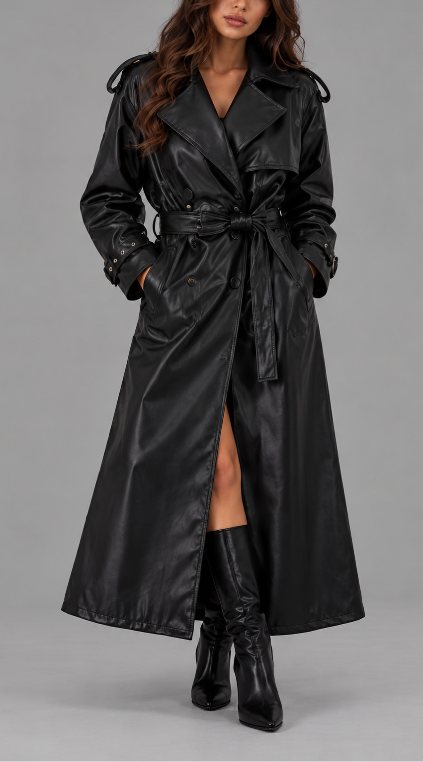 Black Faux Leather Belted Trench Coat