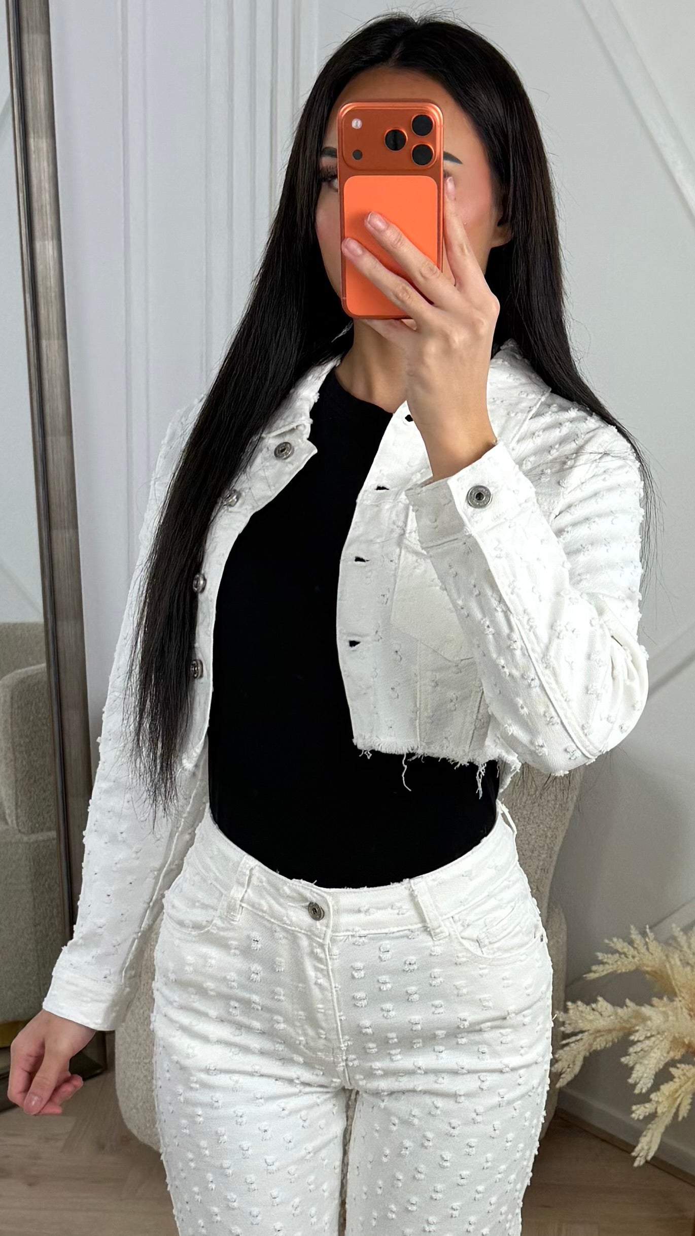 Textured Cropped Denim Jacket