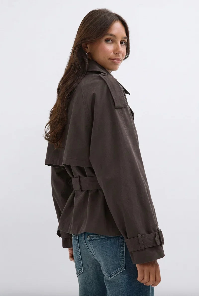 Brown Short Belted Trench Jacket