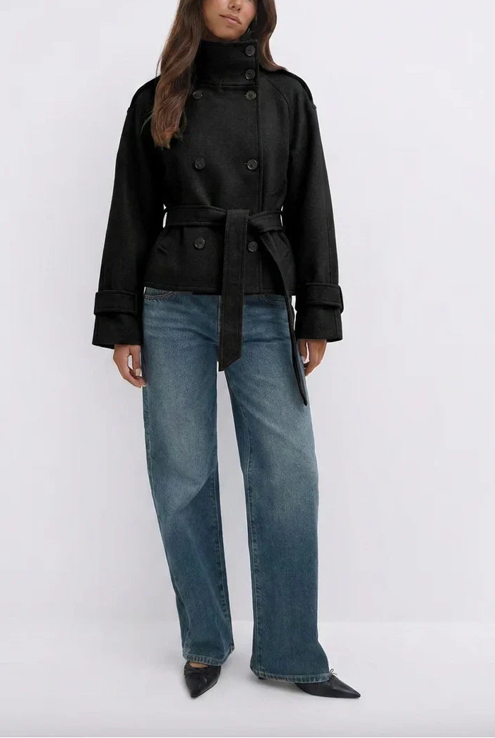 Black Cropped Belted Wool Jacket