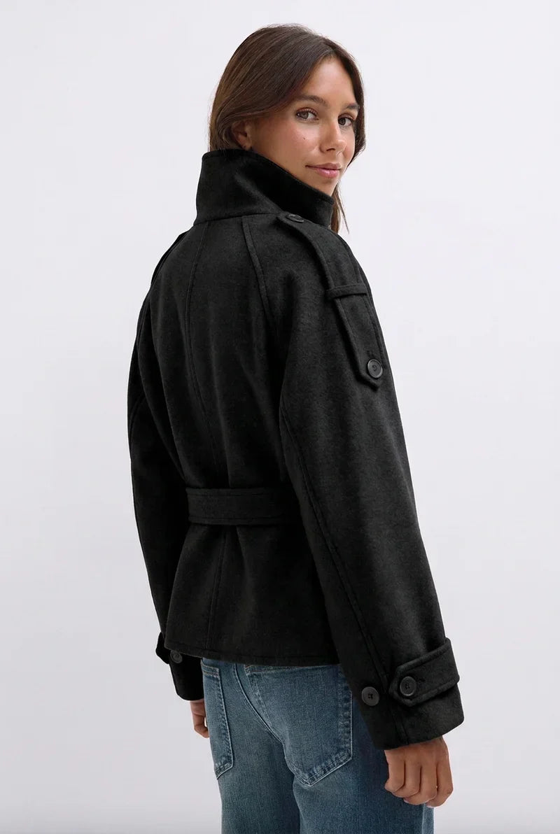 Black Cropped Belted Wool Jacket