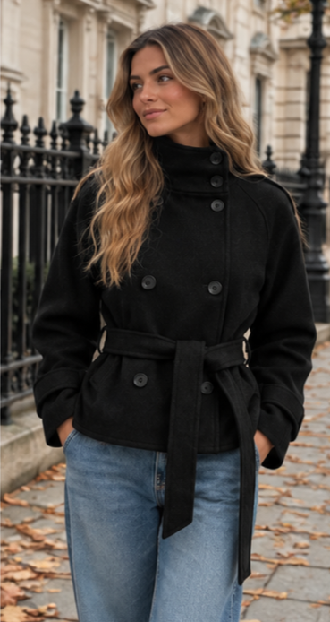 Black Cropped Belted Wool Jacket