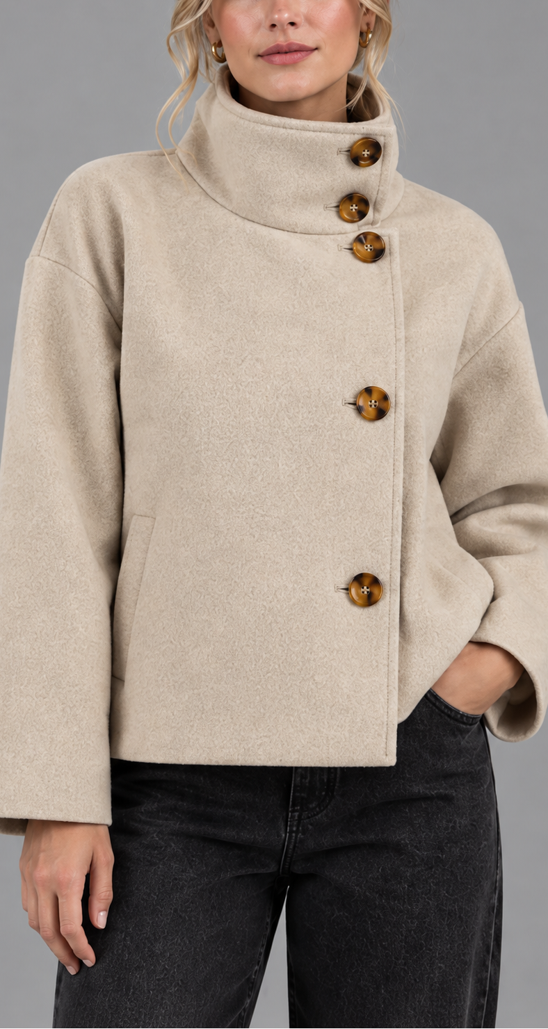 Beige Funnel Neck Button Wool Coat