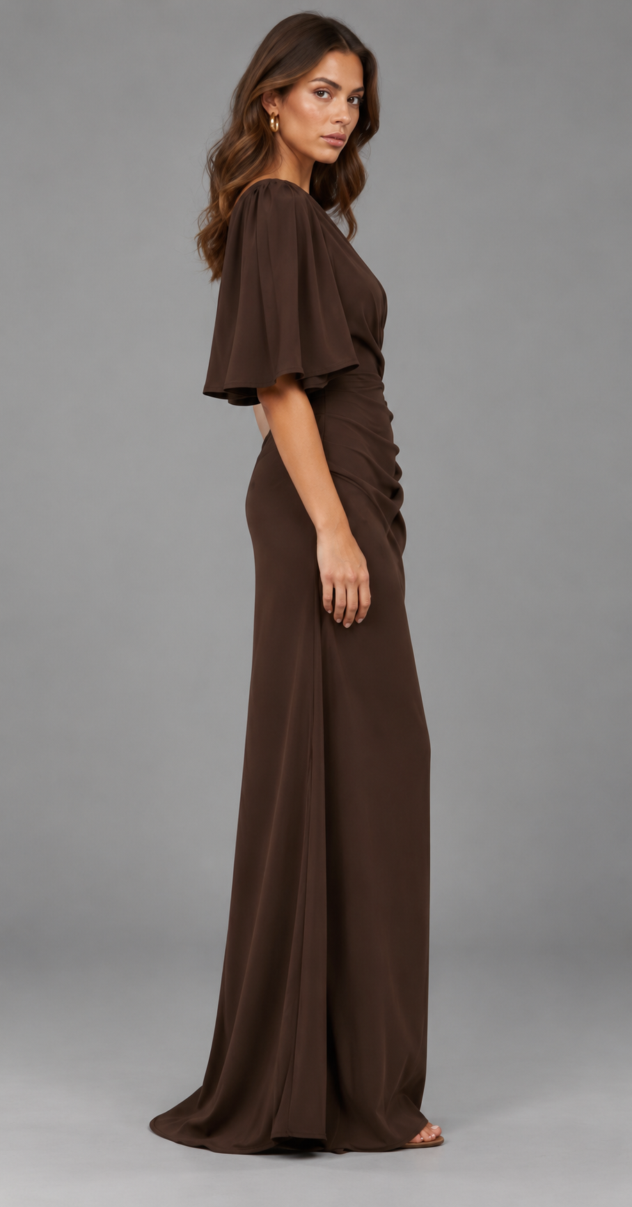 One Shoulder Draped Flutter Maxi Dress