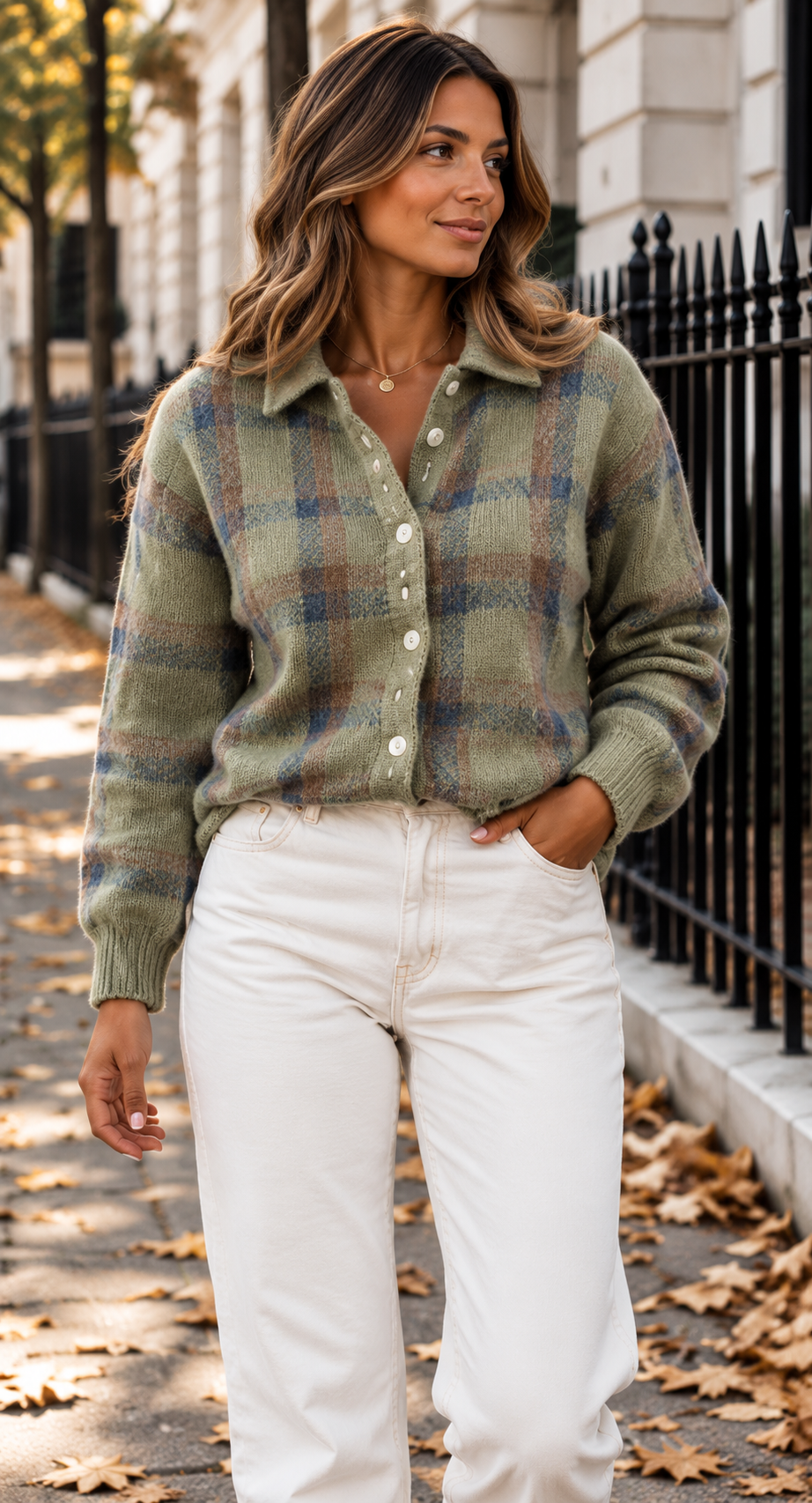 Checked Collared Knit Cardigan