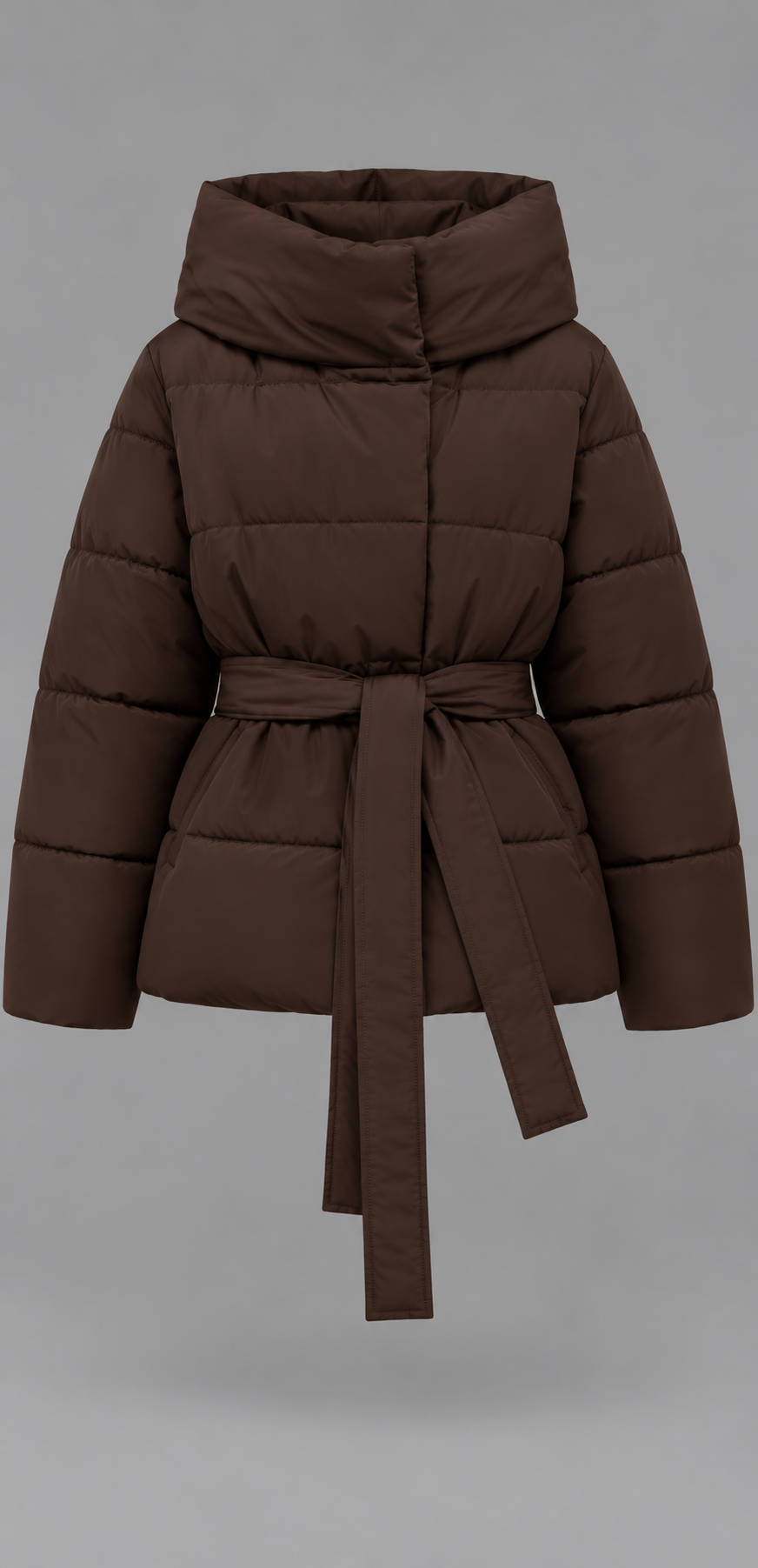 Brown Belted Funnel Neck Puffer Jacket
