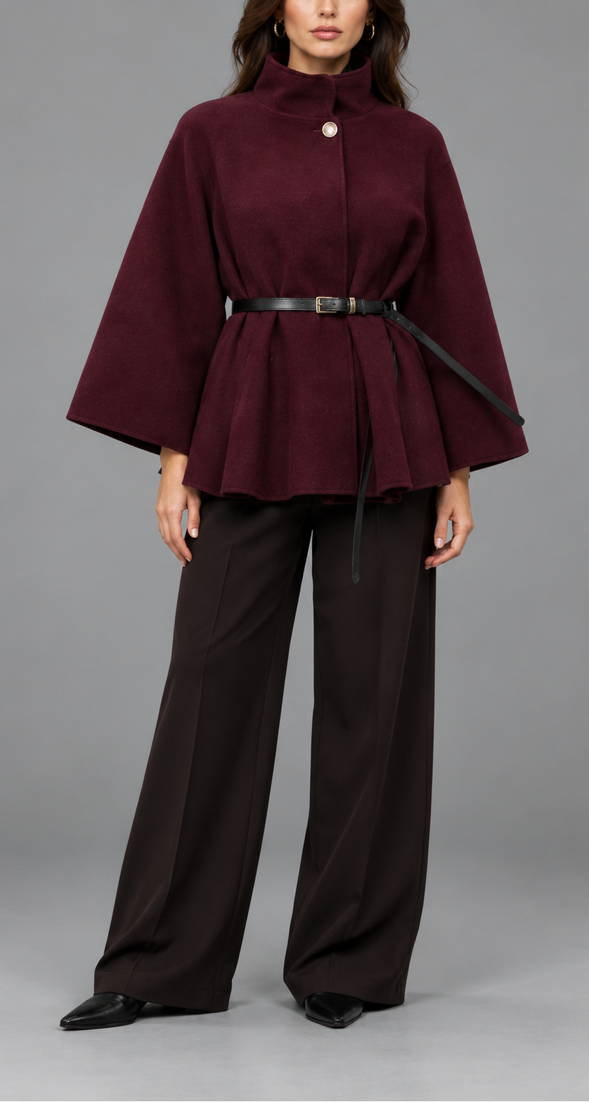 Burgundy Belted Wool Cape Coat