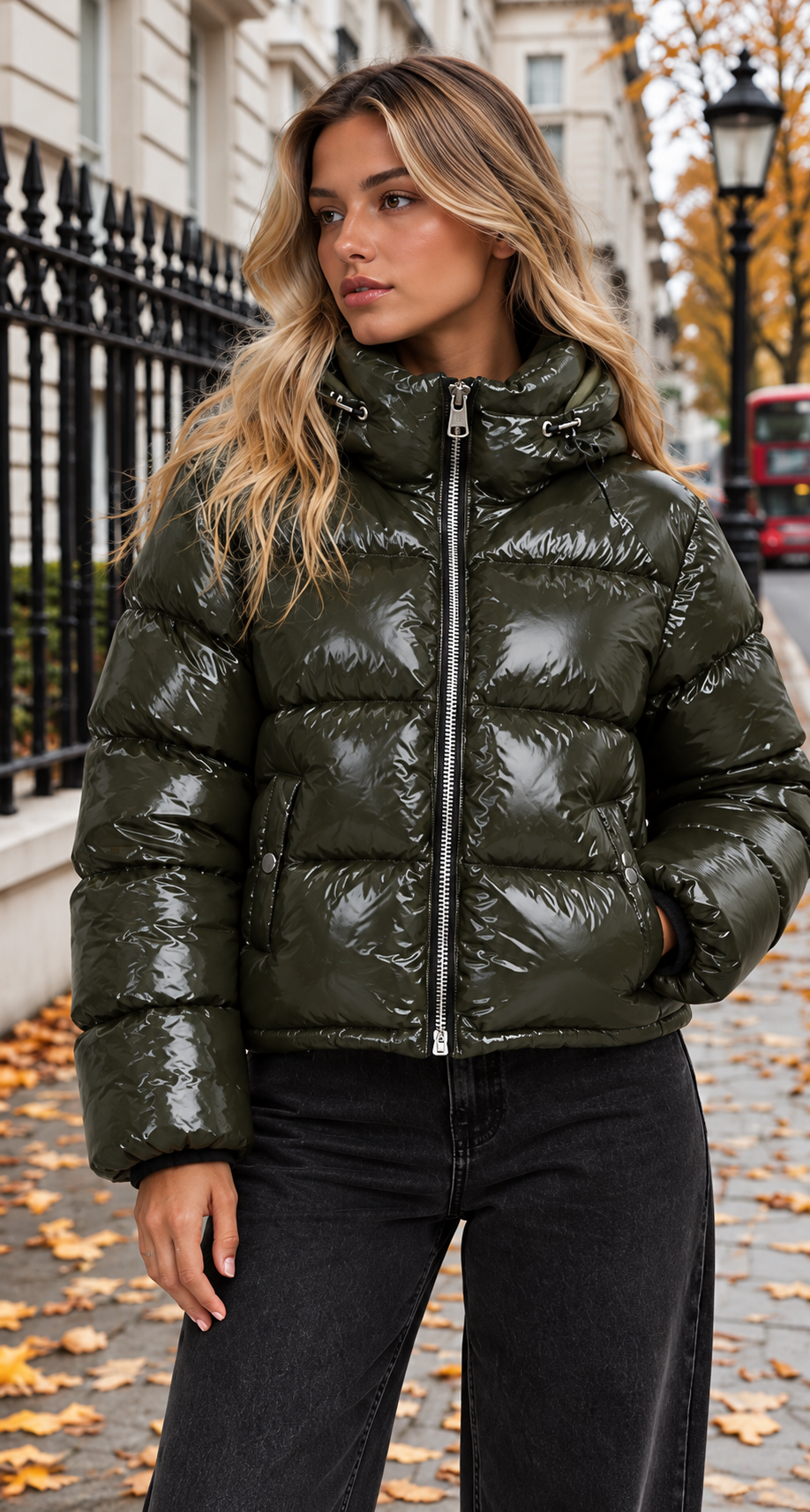 Khaki Glossy Hooded Puffer Jacket