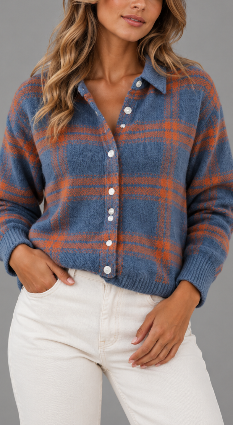 Checked Collared Knit Cardigan