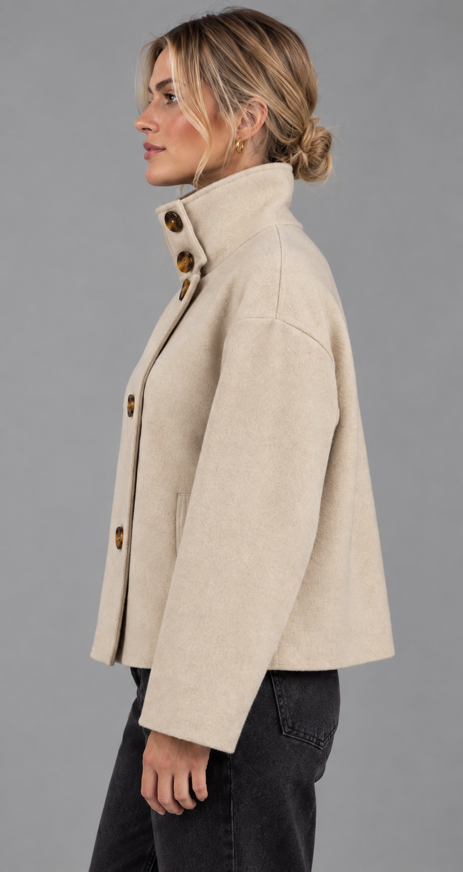 Beige Funnel Neck Button Wool Coat