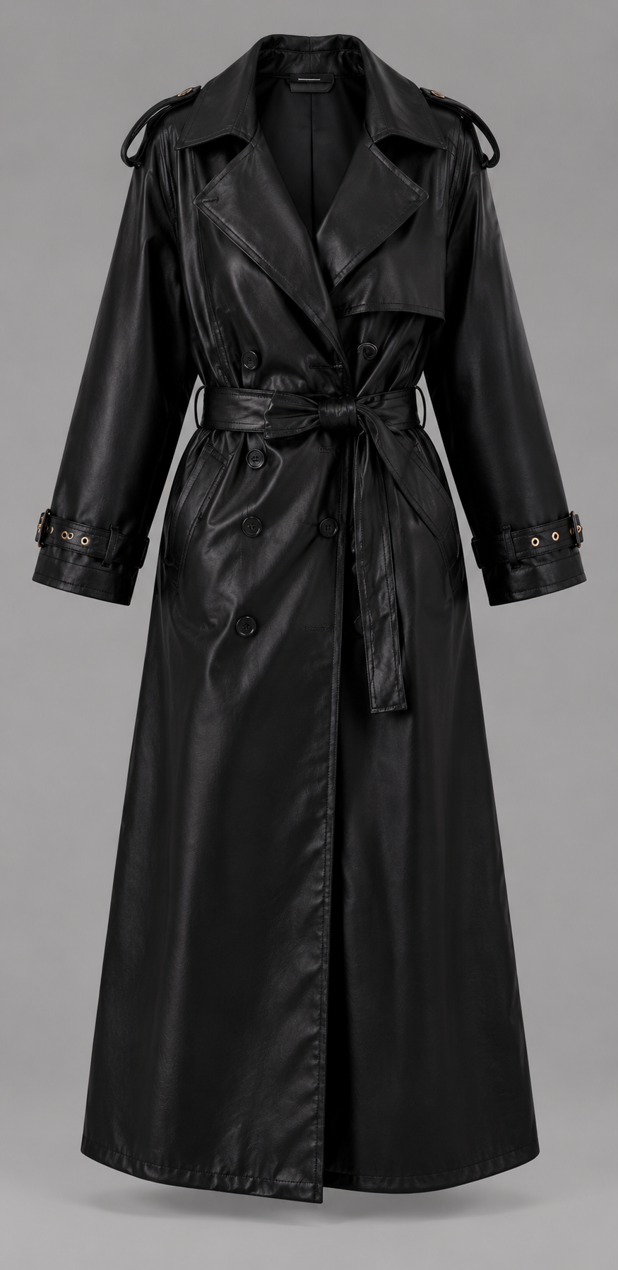 Black Faux Leather Belted Trench Coat