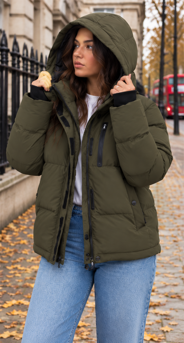 Khaki Hooded Padded Puffer Jacket