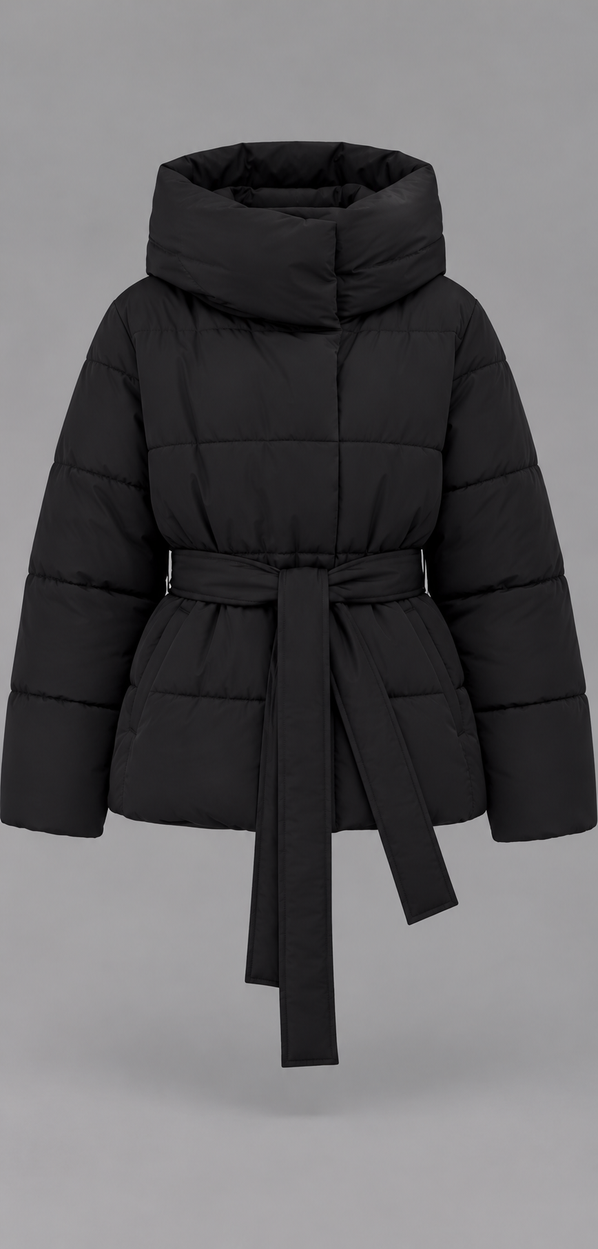 Black Belted Funnel Neck Puffer Jacket
