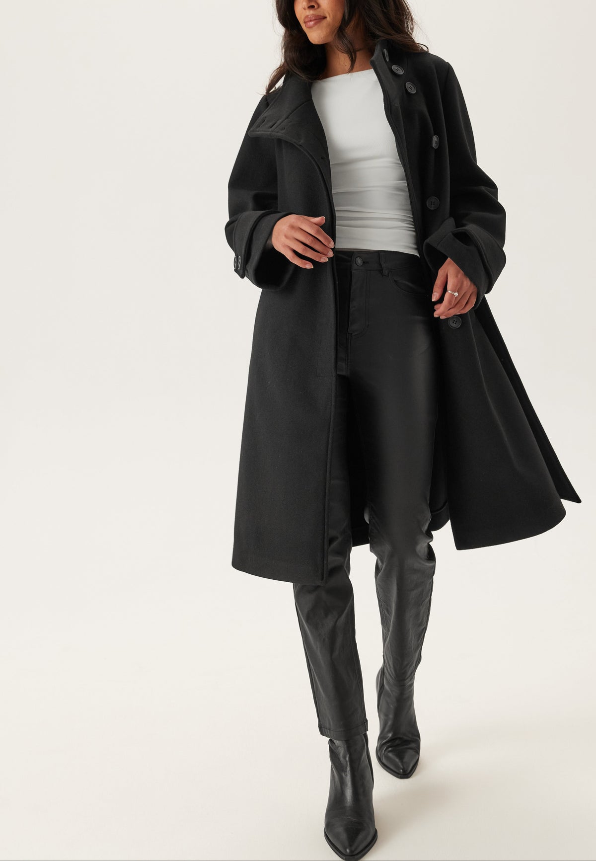 Black Belted Funnel Neck Wool Coat