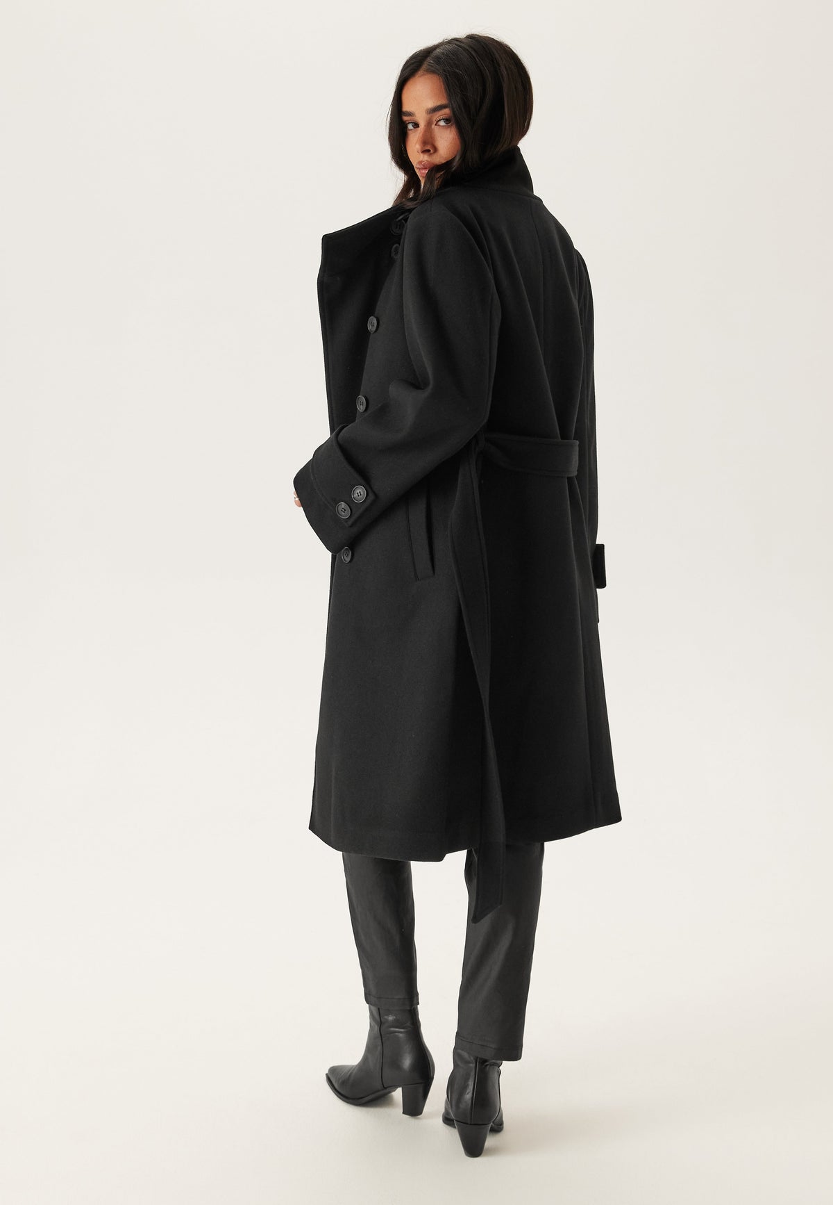 Black Belted Funnel Neck Wool Coat