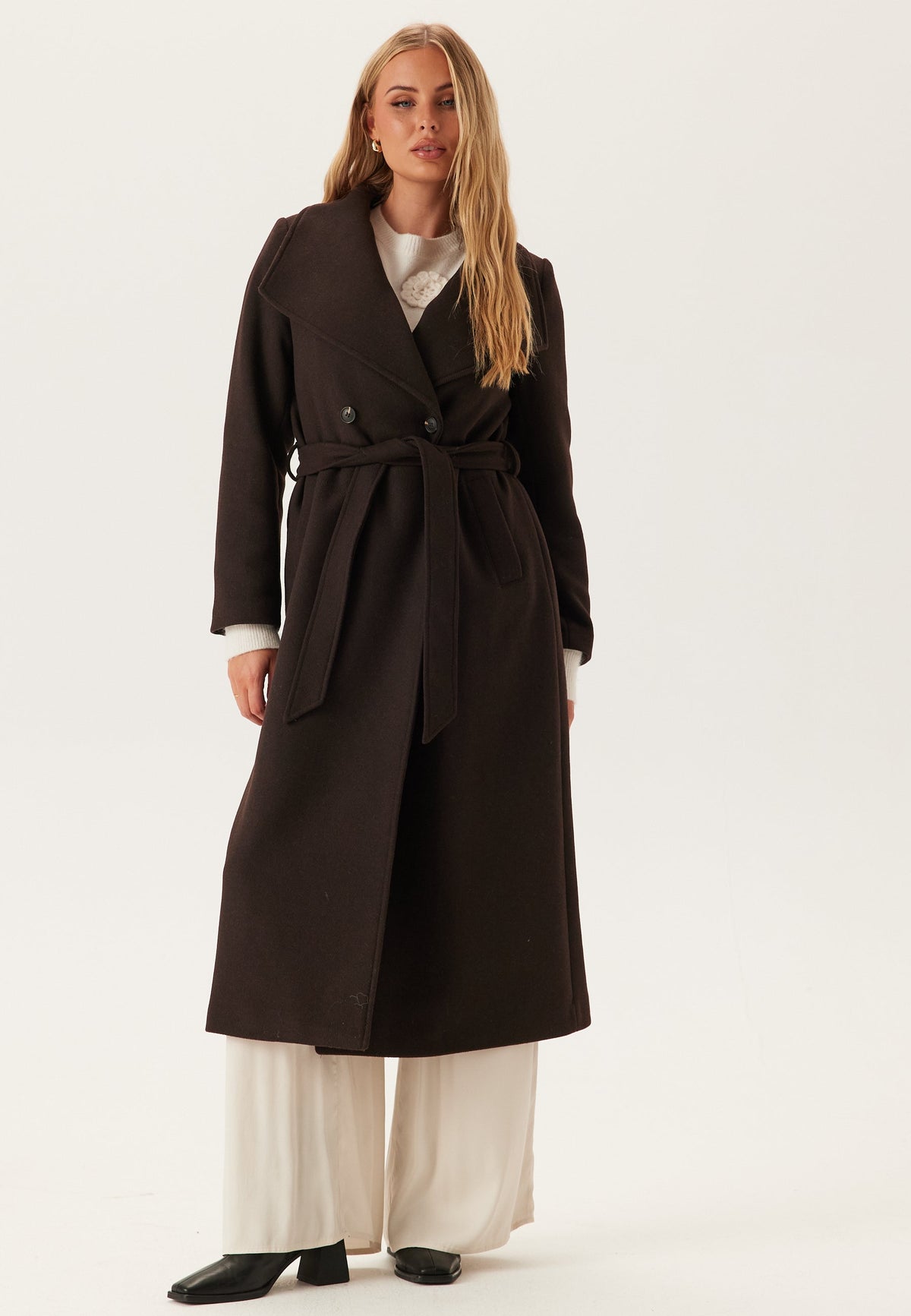 Brown Longline Belted Wool Coat