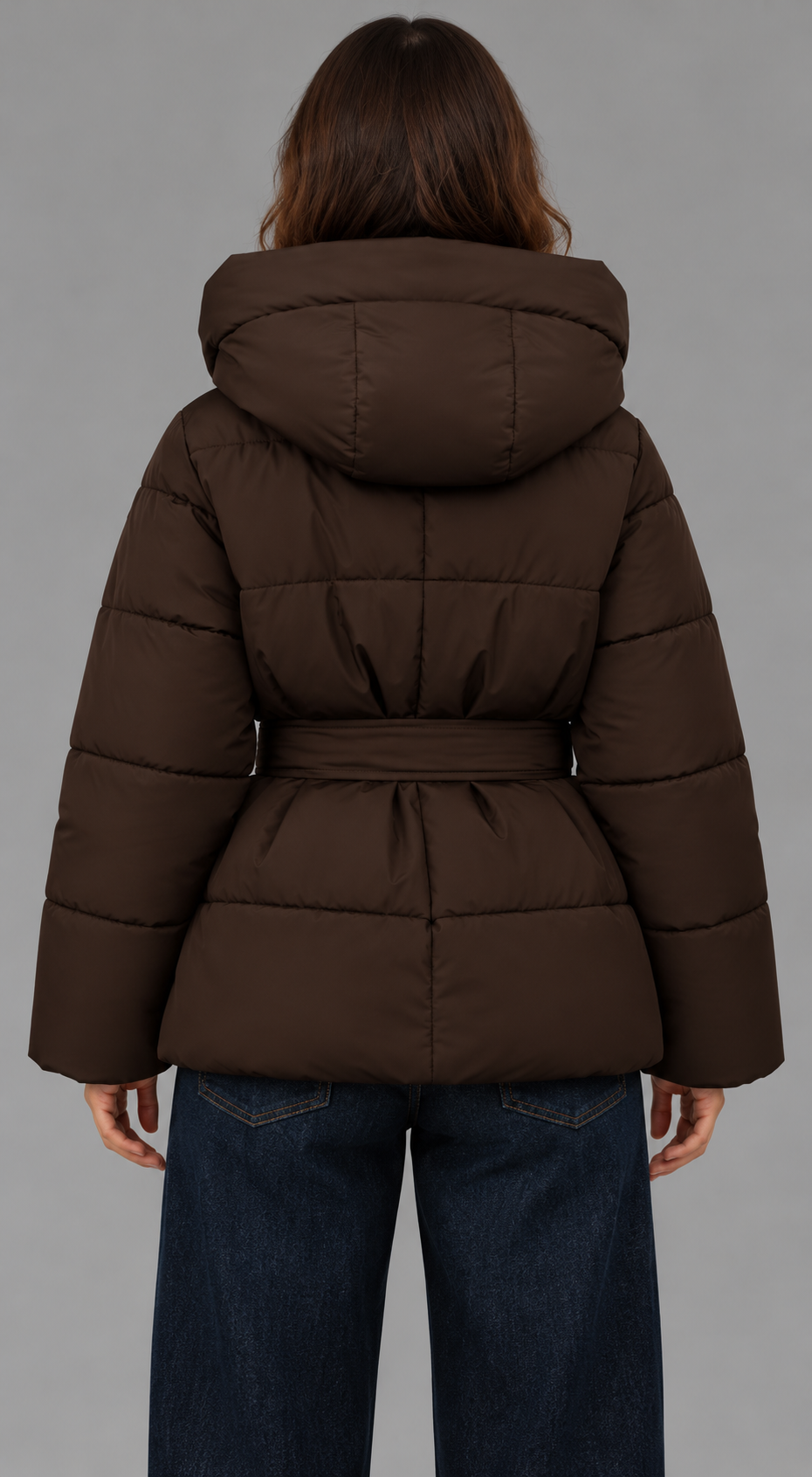 Brown Belted Funnel Neck Puffer Jacket