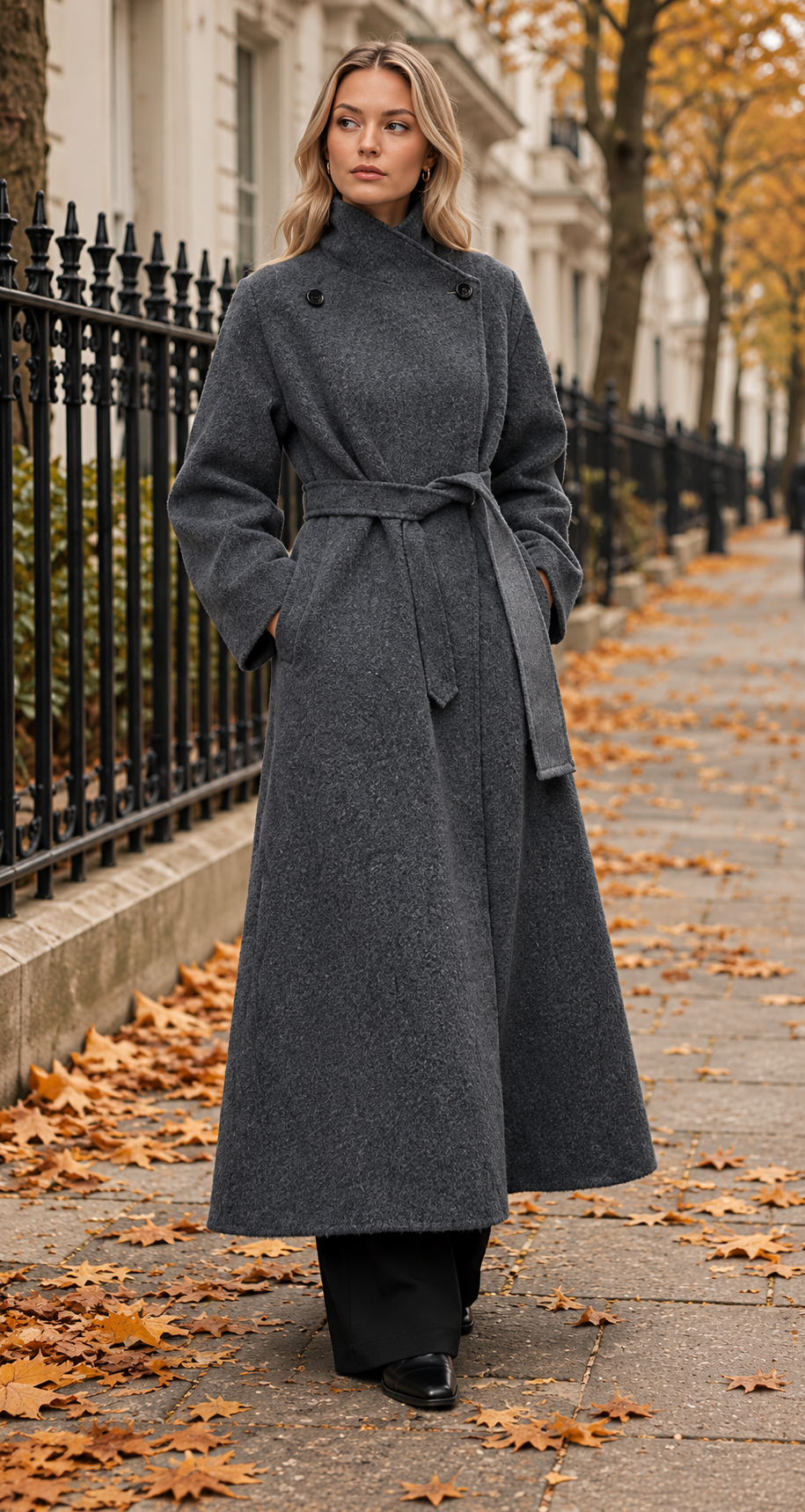 Grey Longline Belted Wool Coat