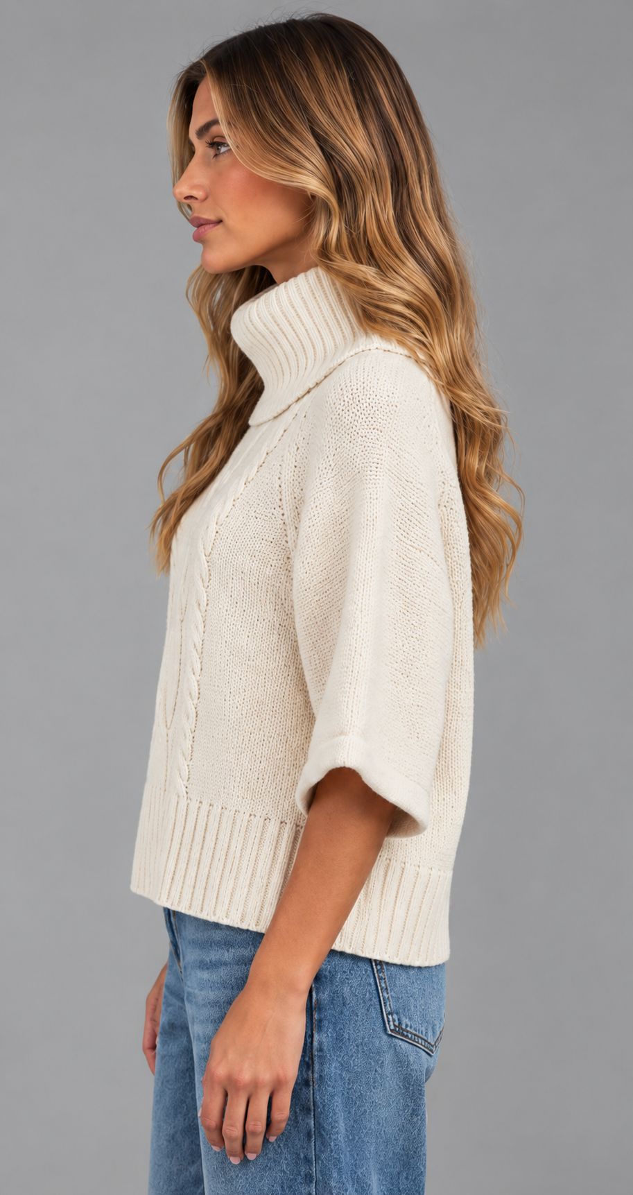 Cream Cable Knit Roll Neck Cape Jumper