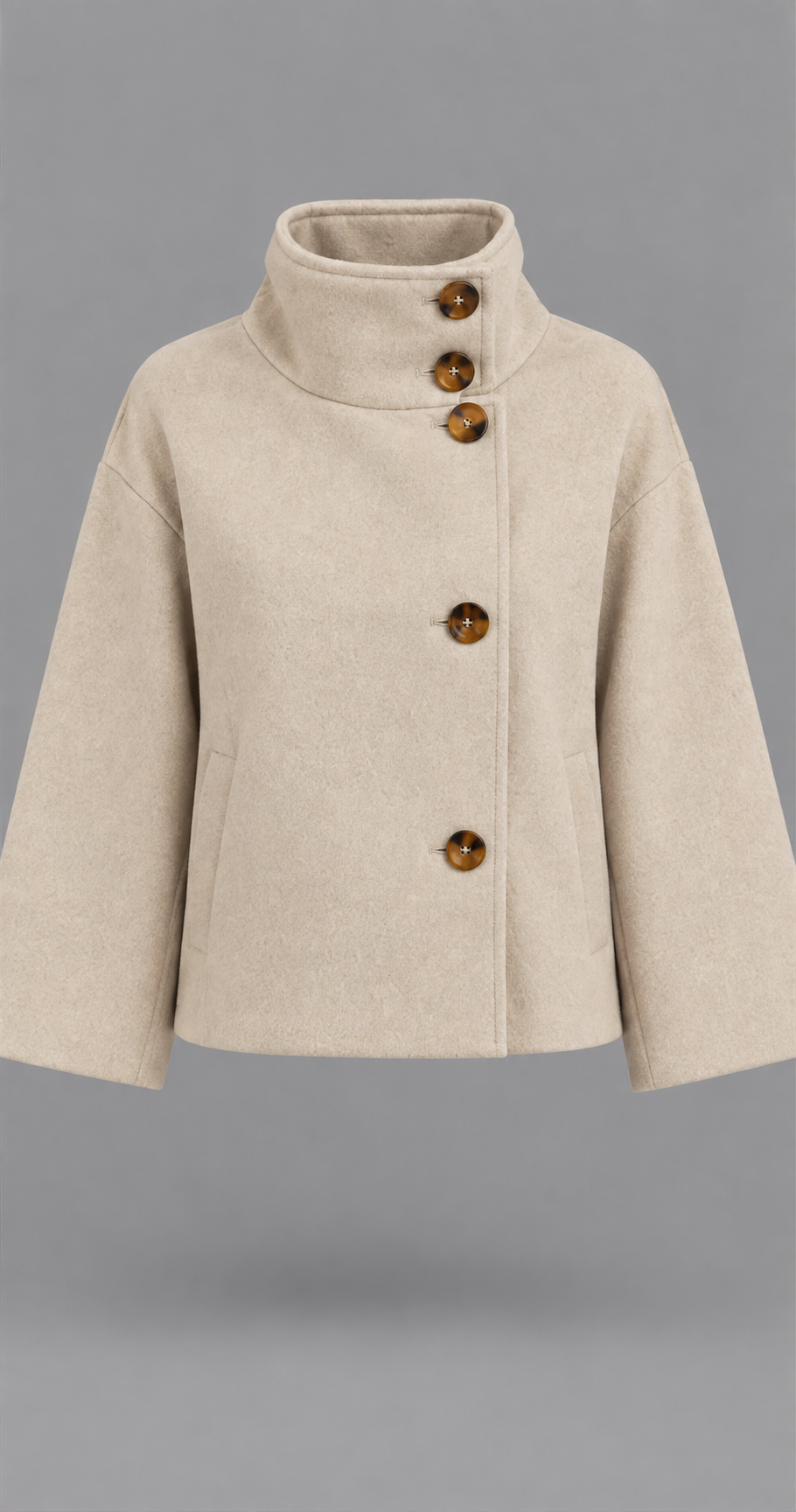 Beige Funnel Neck Button Wool Coat