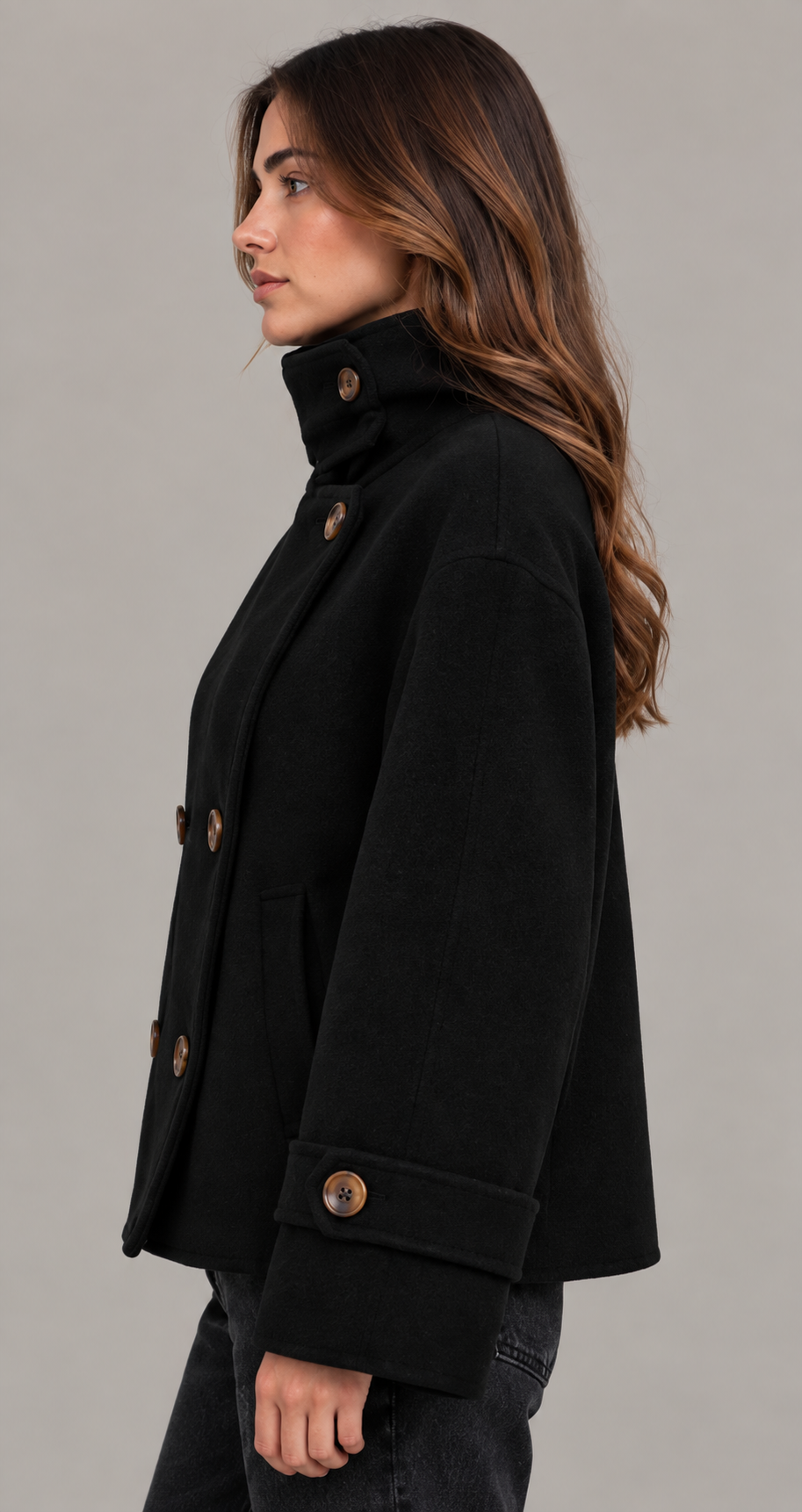 Black Short Double-Breasted Wool Coat