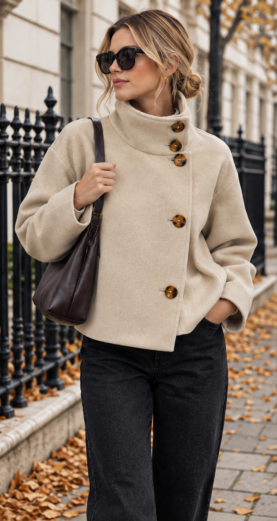 Beige Funnel Neck Button Wool Coat
