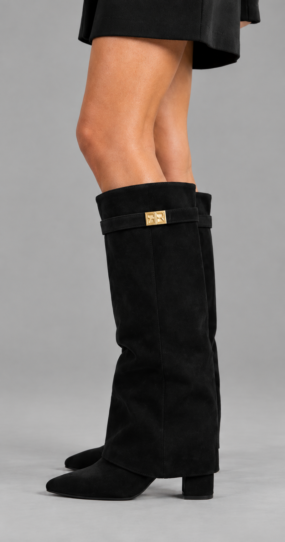 Black Suede Fold-Over Knee High Boots